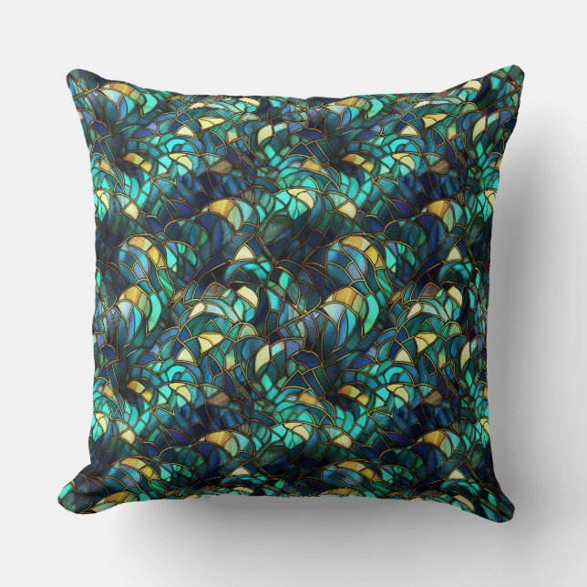 Coussin Paon en verre teinté sarcelle, bleu et or (Recto)