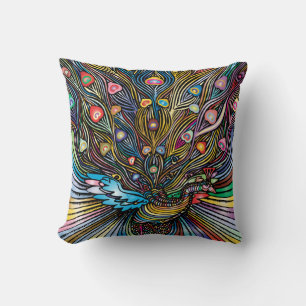 Coussin Paon Époustouflant dans l'Art de Style Huichol