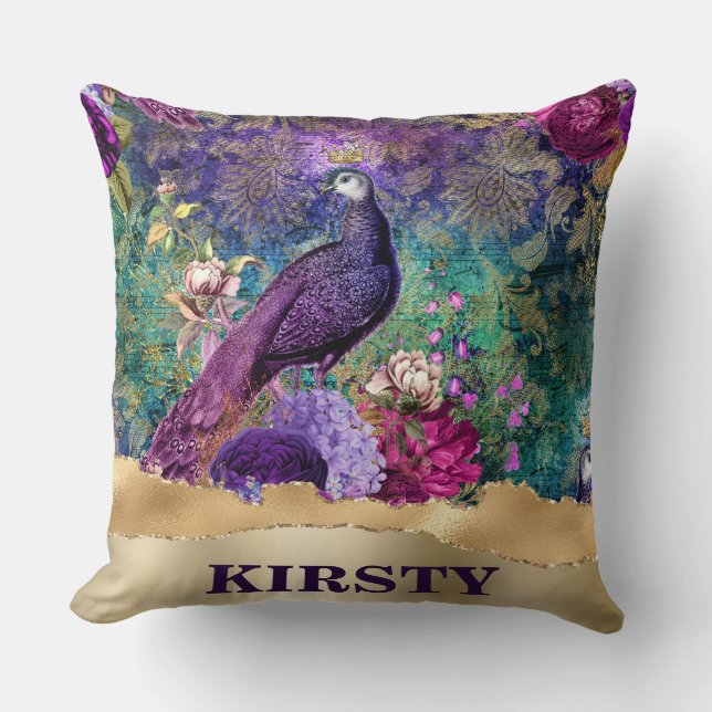 Coussin Paon et fleurs grunge illustrés vintage (Recto)