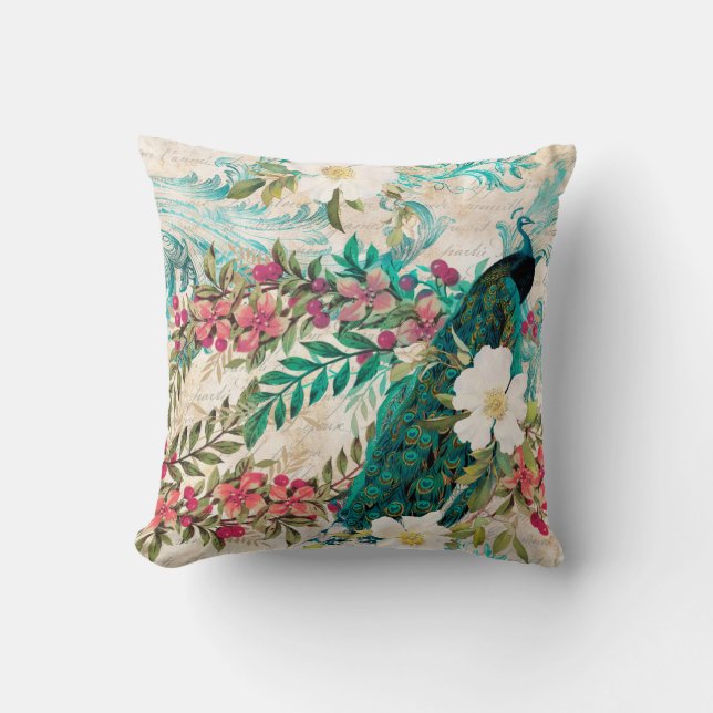 Coussin Paon et fleurs illustrés antiques grunge (Recto)