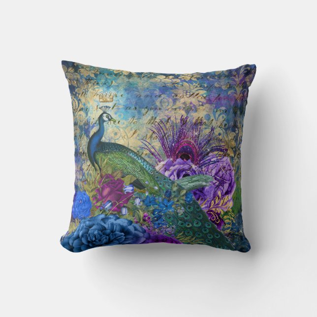 Coussin Paon et fleurs illustrés antiques grunge (Recto)