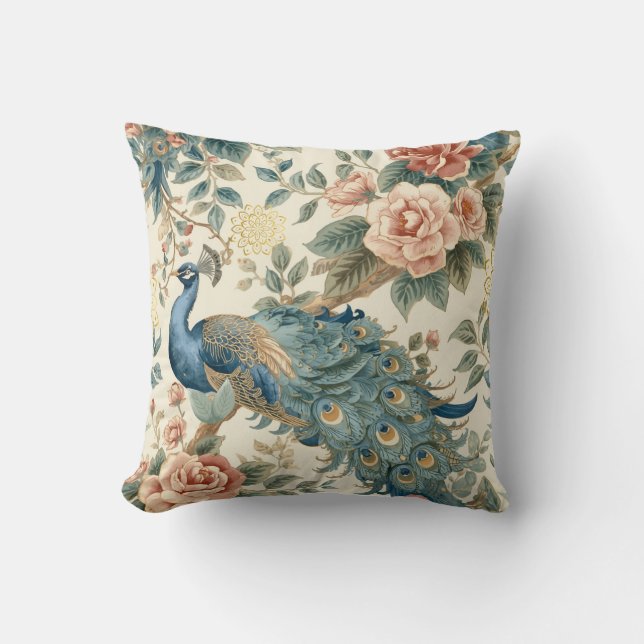 Coussin Paon Floral Élégant  (Recto)