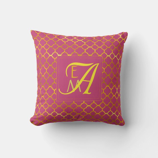 Coussin Paon Rose Quatrefoil MONOGRAMME Or Mariage (Recto)