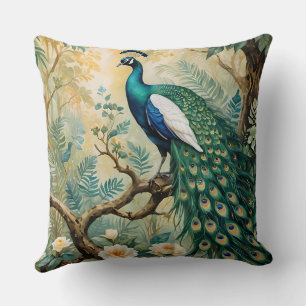 Coussin Paon sarcelle dorée florale jungle