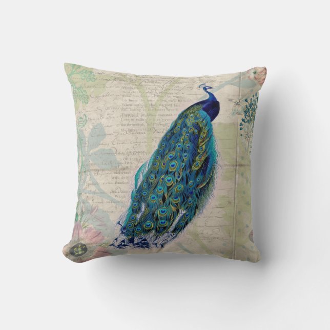Coussin Paon vintage, fleurs et papillon (Recto)