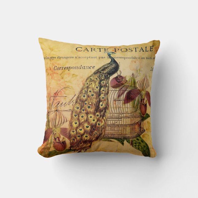 Coussin paon vintage moderne d'orchidée botanique (Recto)
