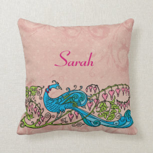 Coussin Paon vintage personnalisé sur le rose