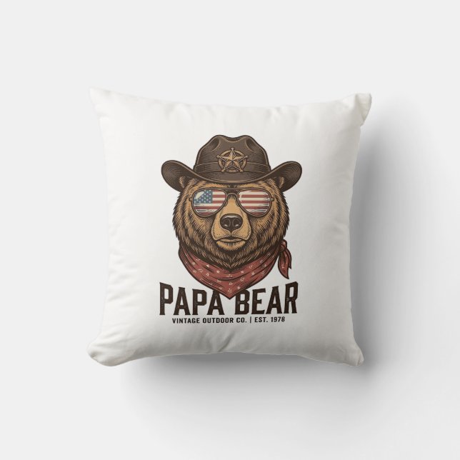 Coussin Papa Bear Cowboy Bear Patriotic Vintage Vector Des (Recto)