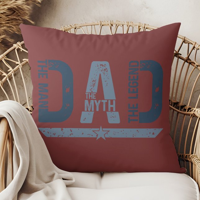 Coussin PAPA L'Homme La Légende La Référence" Fête des Pèr (DAD The Man The Myth The Legend" Father's Day Throw Pillow in a boho rattan armchair)