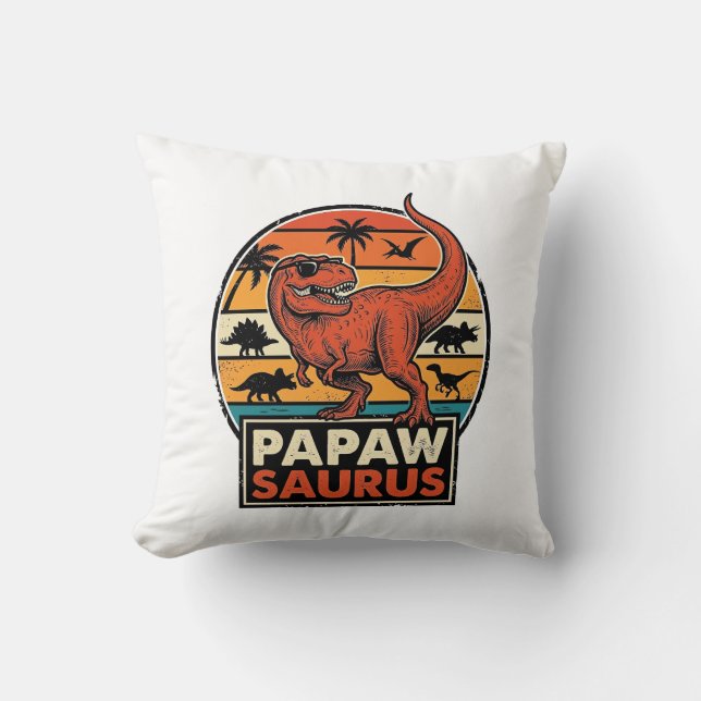 Coussin Papawsaurus Rétro Dinosaure Coucher de Soleil Vect (Recto)