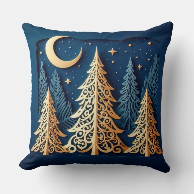 Coussin Papercut Winter's Gold – Scène des sapins de Noël (Recto)