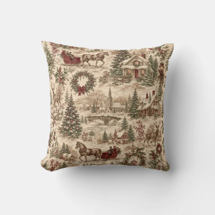 Coussin Papier cadeau Noël Toile Vintage Cerf & Traîneau