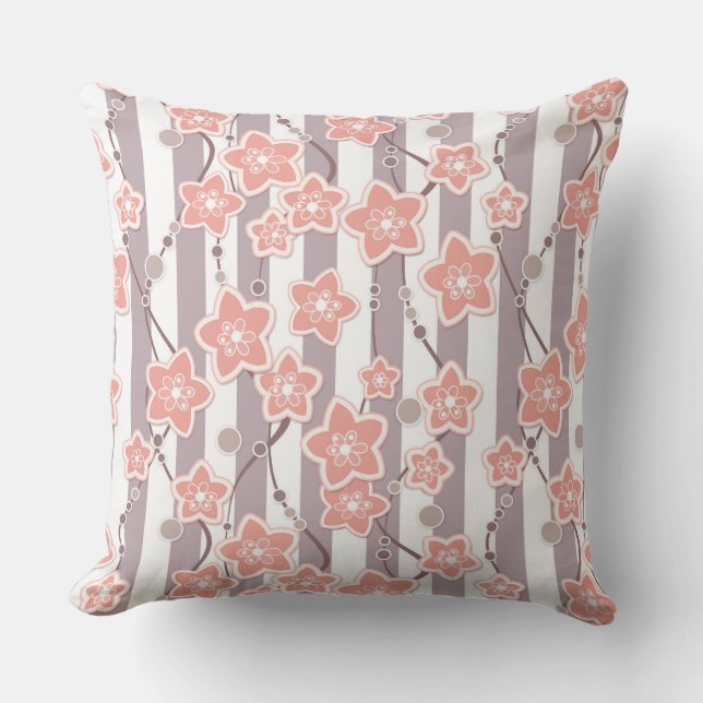 Coussin papier coupé fleurs de corail sur rayé beige blanc (Recto)