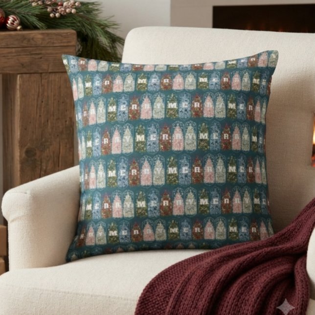 Coussin Papier d'emballage Arbres Décorés Oiseaux d'Hiver (Créateur téléchargé)
