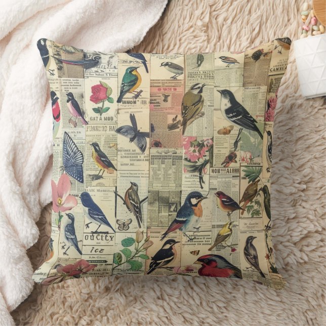 Coussin Papier Journal Botanique Papillon Oiseau Vintage (Couverture)