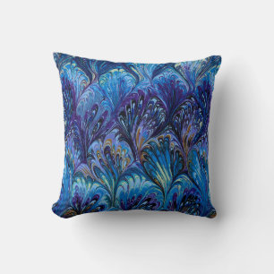 COUSSIN PAPIER MARBÉ, MOTIF ABSTRAIT BLEU PEACOCK, EAUX