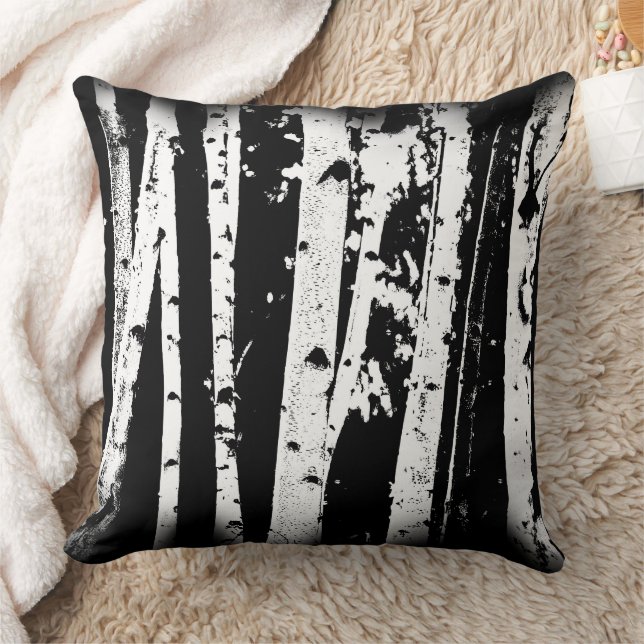 Coussin Papier noir et blanc Arbres à bouleau (Couverture)