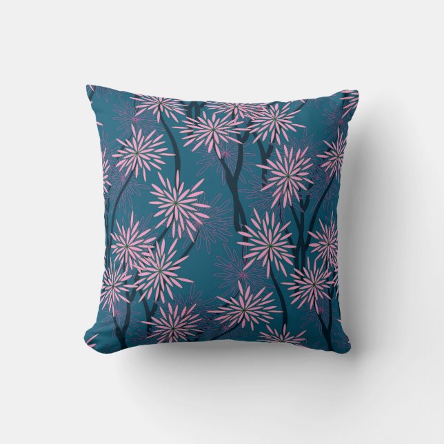 Coussin Papier peint floral : bleu marine asiatique, rose. (Recto)