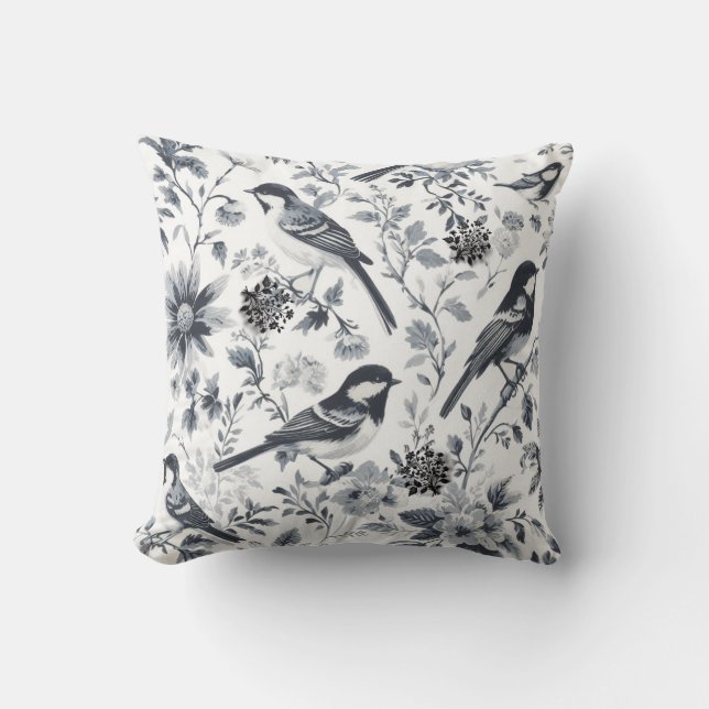 Coussin Papier toile oiseaux gris charbon  (Recto)