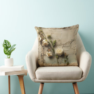 Coussin Papier Vieilli avec Motif de Fleurs Rustiques Blan