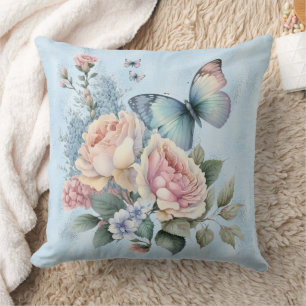 Coussin Papillon à huile bleue et à pivoines violettes ros