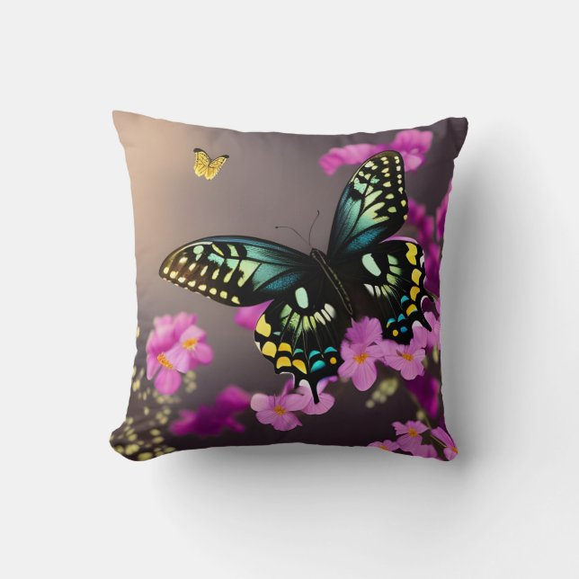 Coussin Papillon à queue épaisse et fleurs roses (Recto)