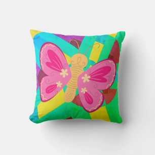 Coussin Papillon abstrait Turquoise, vert et rose tendance