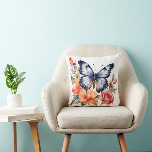 Coussin Papillon aquarelle bleue florales rouges et pêche  (Chaise)