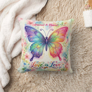 Coussin Papillon arc-en-ciel aquarelle "L'amour est l'amou
