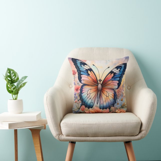 Coussin Papillon Arc-en-Ciel dans un Jardin de Fleurs (Chaise)
