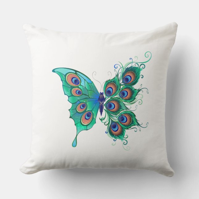 Coussin Papillon aux plumes de paon vert (Recto)