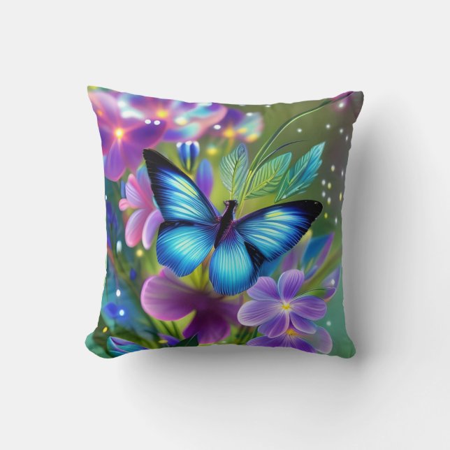 Coussin Papillon bleu brillant dans Fairy Garden (Recto)