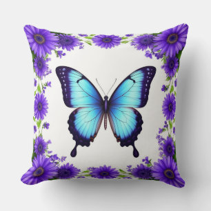 Coussin Papillon Bleu Fleurs de Printemps Jardin Fleurs Vi