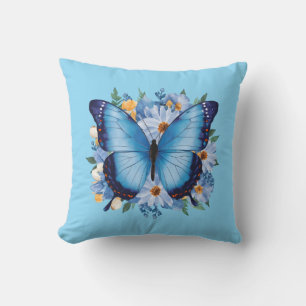 Coussin Papillon bleu gracieux sur floral