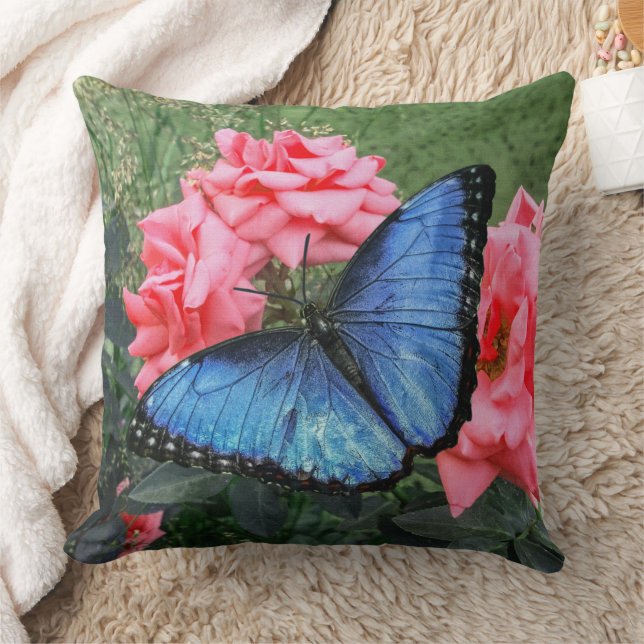 Coussin Papillon bleu Morpho Floral Nature Art (Couverture)