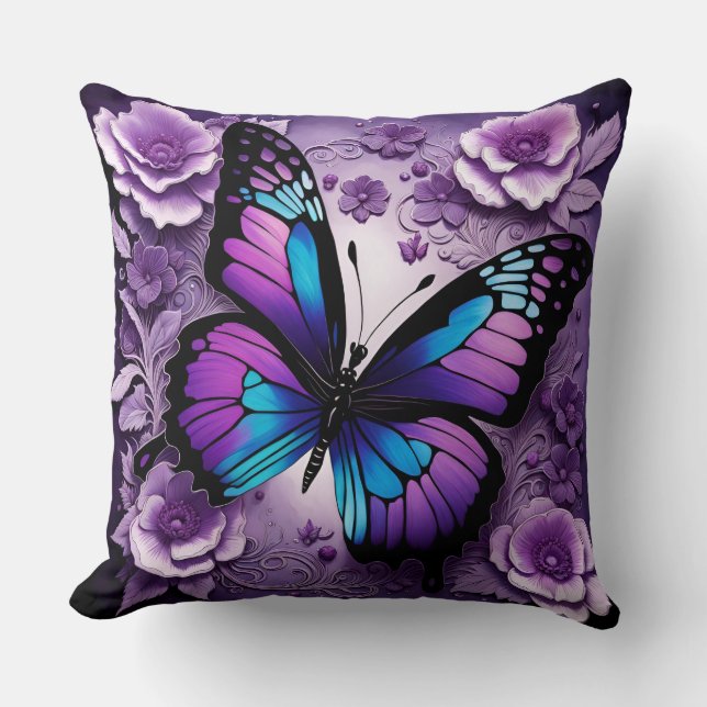 Coussin Papillon bleu pourpre Floral (Recto)