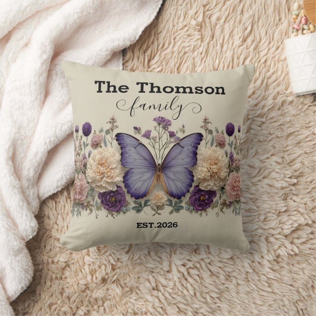 Coussin Papillon Bleu Vintage avec Fleurs pour Famille (Couverture)