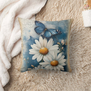 Coussin Papillon bleu vintage et marguerites   Ferme