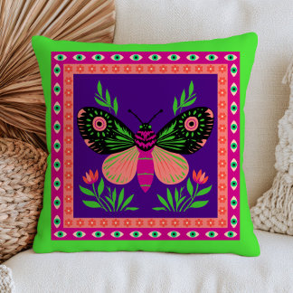 Coussin Papillon botanique violet & vert maximaliste insec