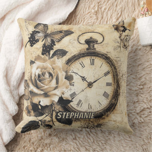 Coussin Papillon boussole botanique marron de l'ancien mon
