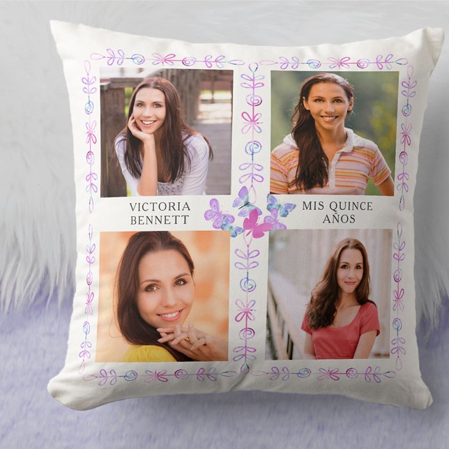 Coussin Papillon Ciel rose Papillons 4 Photo Collage (Créateur téléchargé)