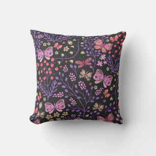 Coussin Papillon coloré et Fleurs Rose mignon