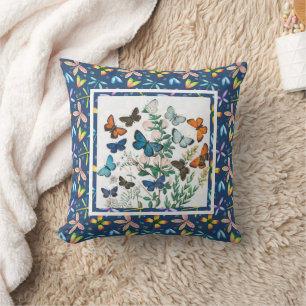 Coussin Papillon d'art folklorique bleu floral coloré fant