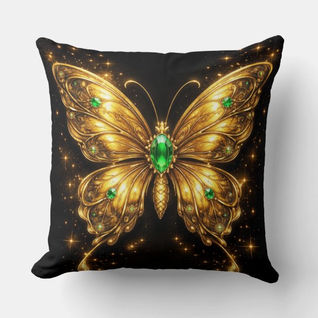 Coussin Papillon de cristal émeraude doré (Recto)