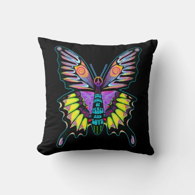 Coussin Papillon de paix psychédélique (Recto)