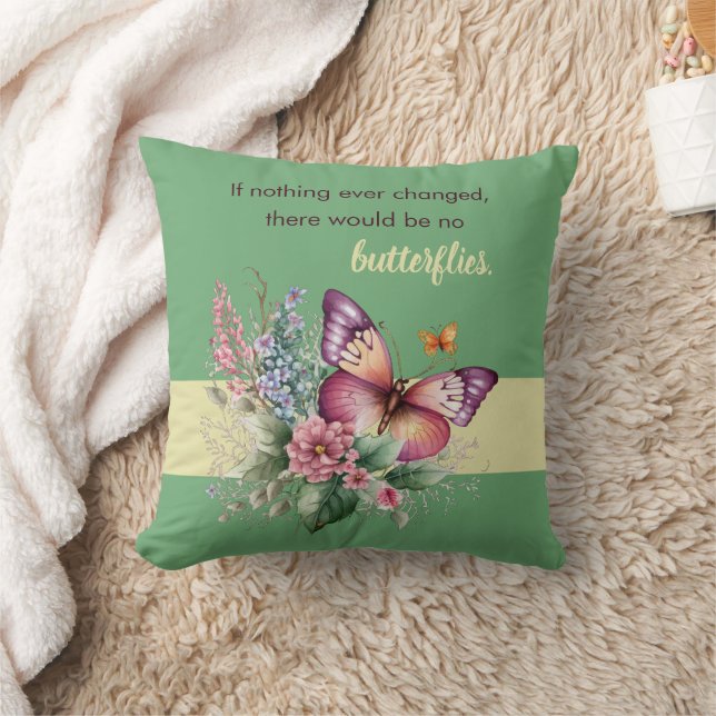 Coussin Papillon d'encouragement et fleurs sur fond vert (Couverture)