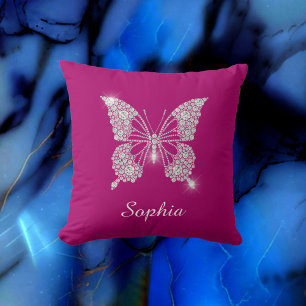 Coussin Papillon Diamant Blanc, Nom du script, Fuchsia pro