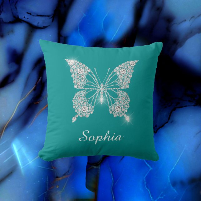 Coussin Papillon Diamant Blanc, Nom du script, Turquoise p (Créateur téléchargé)