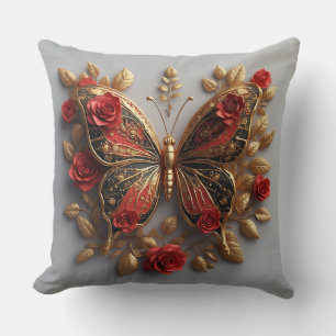 Coussin Papillon Doré Avec Des Roses Rouges Et Des Feuille