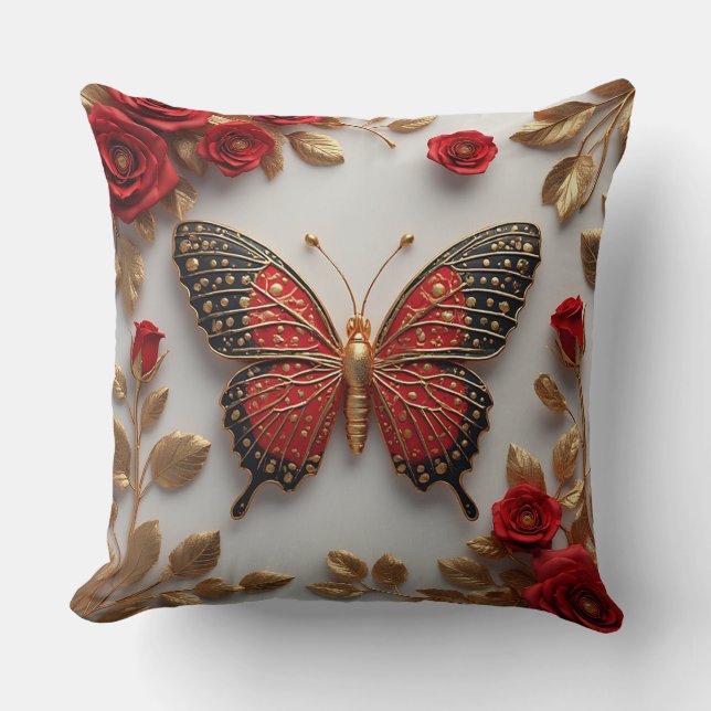 Coussin Papillon Doré Avec Des Roses Rouges Et Des Feuille (Recto)